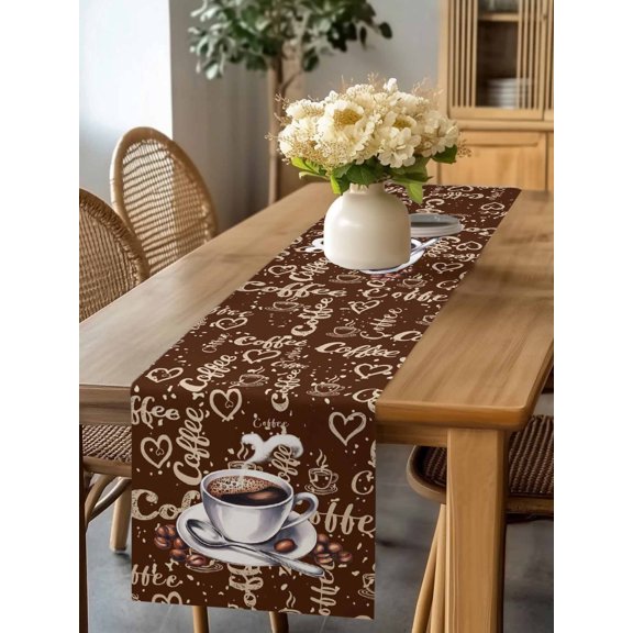 Country Coffee Bean Drink White Cup Table Runner 90 Inches Long,Kitchen Dining Tablerunners Vintage Brown Farmhouse Linen Table Runners Dresser Scarves for Home Dinner Wedding Holiday Party Decor