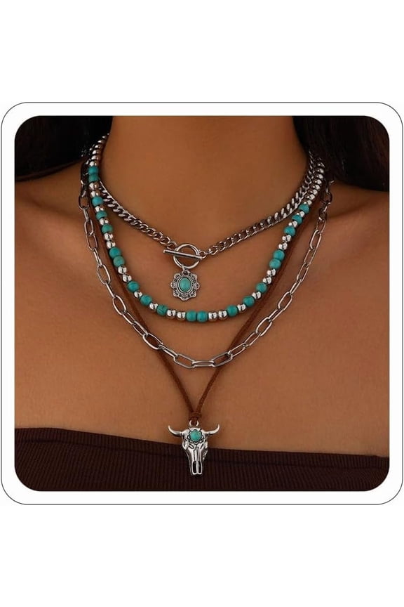 Country Concert Jewelry Western Necklaces for Women Boho Turquoise Necklace Cowgirl Cowboy Western Layered Necklace Bohemian Vintage Country Accessorie