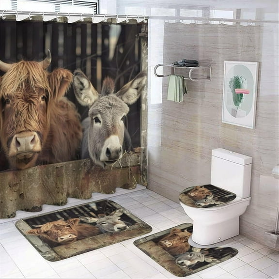 Country Cottage Animal Cow Donkey Shower Curtain Vintage Watercolor 70s Farm Animals Bathroom Shower Curtain Set with Hooks