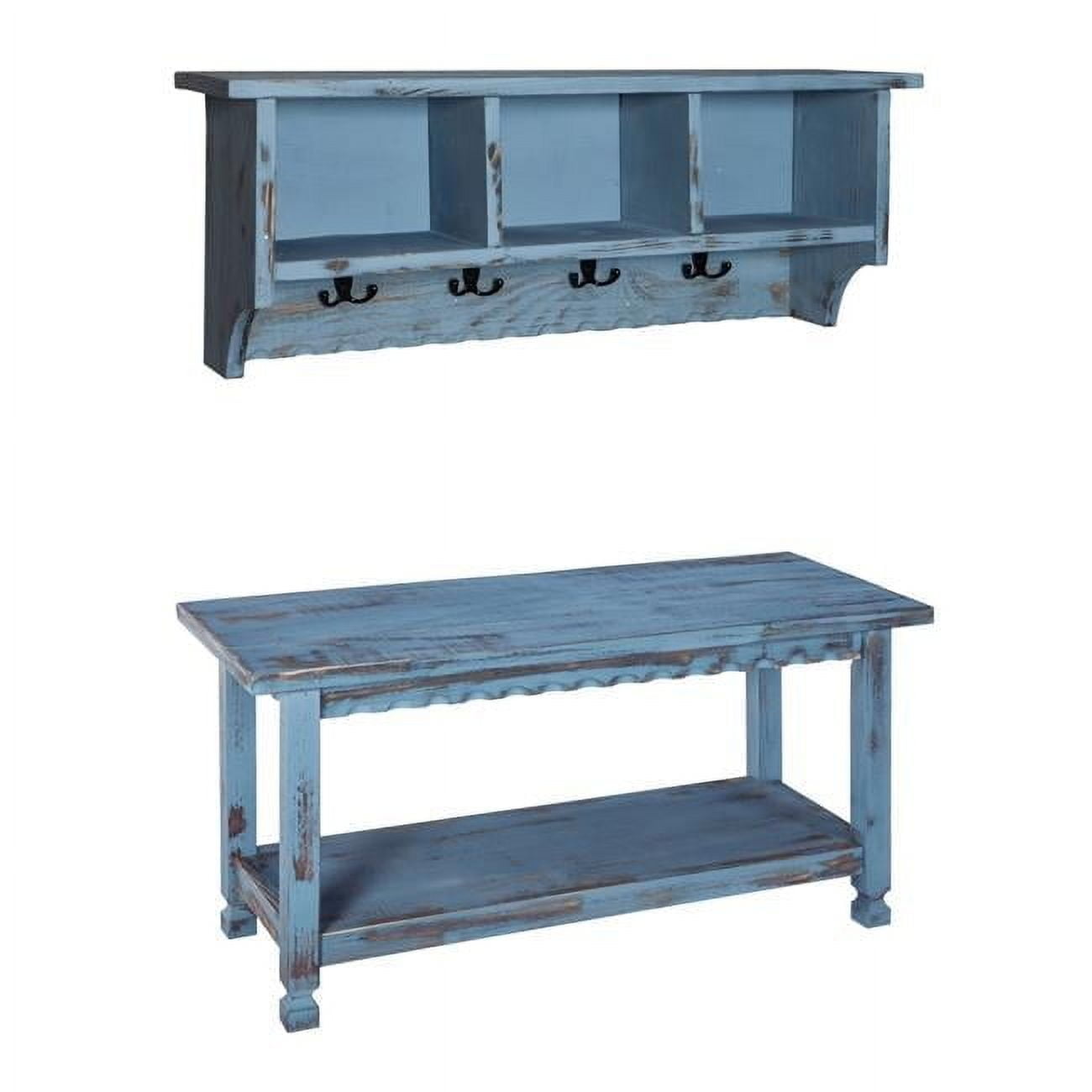 Antiqued Blue and White Wooden Coat Hook & Bench Set