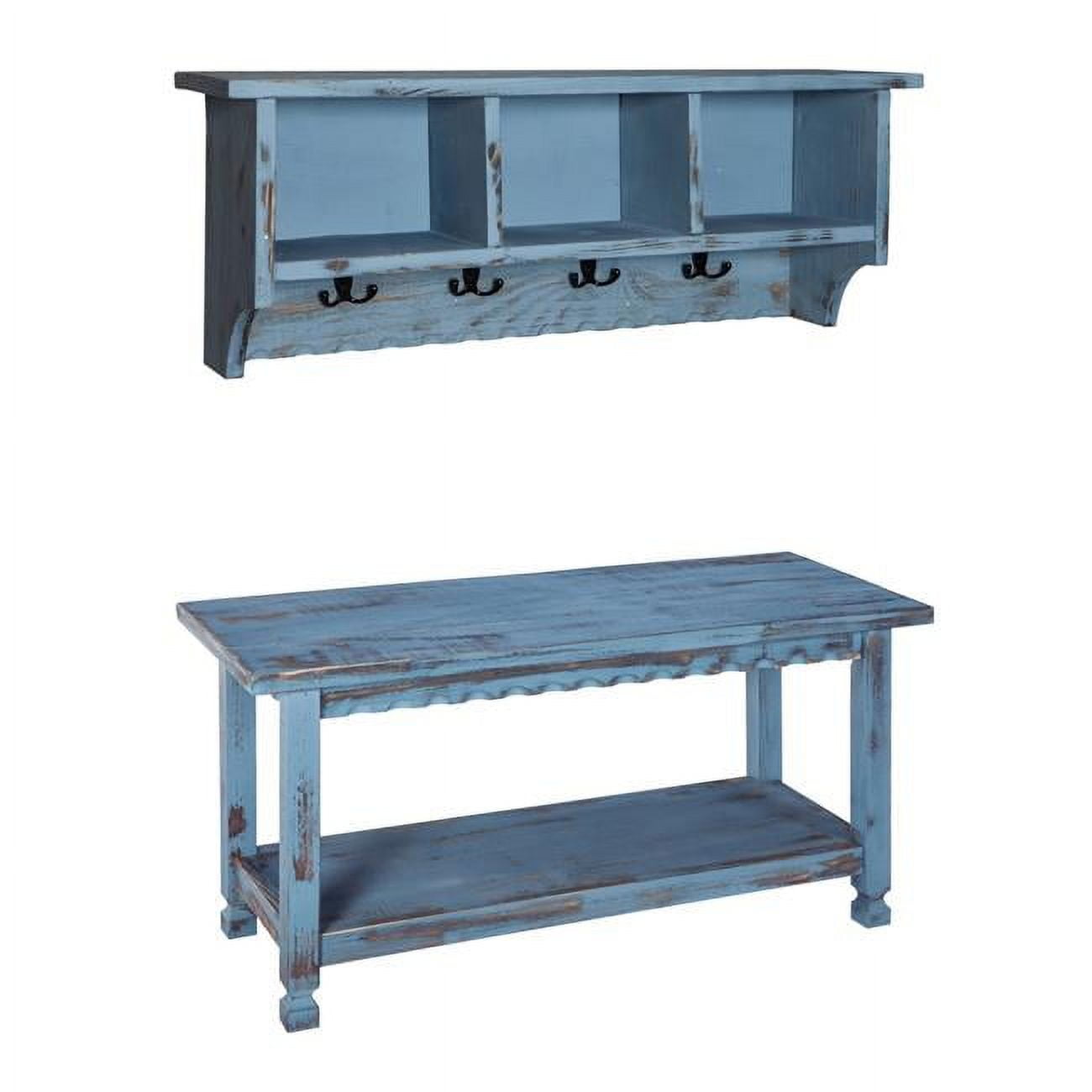 Antiqued Blue and White Wooden Coat Hook & Bench Set