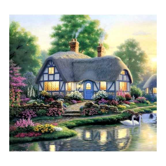 Country Cottage Diamond Painting Kits for Adults, 5D Full Drill Thatched Roof House Lake Swan Flower Garden Diamond Art, DIY Landscape Gem Painting Crafts for Home Wall Decor Gifts