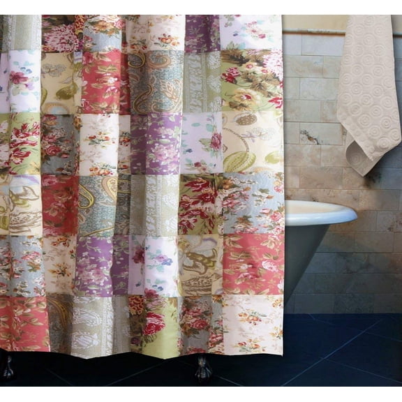 Country Cottage Floral Print Patchwork Flowers Pattern Yellow Blue Green Fabric Shower Curtain 72 Inch Lenght