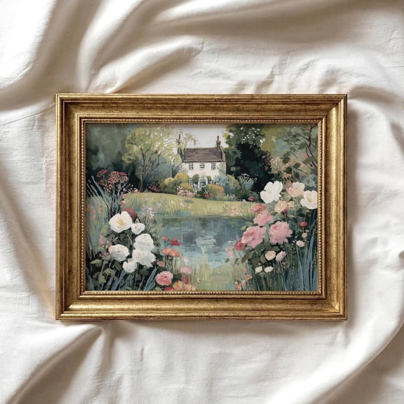 Country Cottage Print Vintage Style French Garden Art Pink Floral Spring Landscape Cottagecore P1085