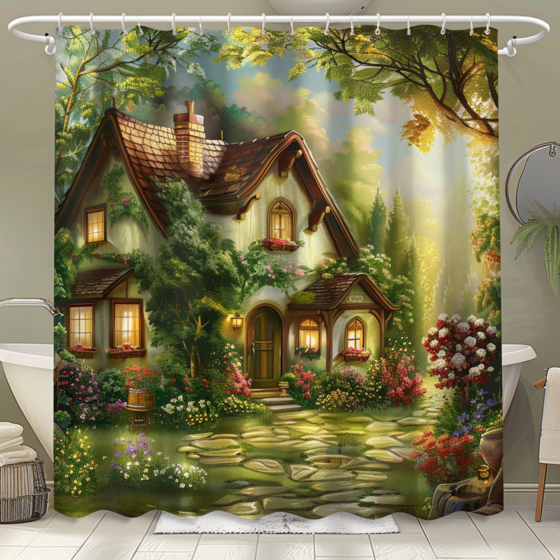 Country Cottage Shower Curtain Nature Scene Bathroom Decor with Trees