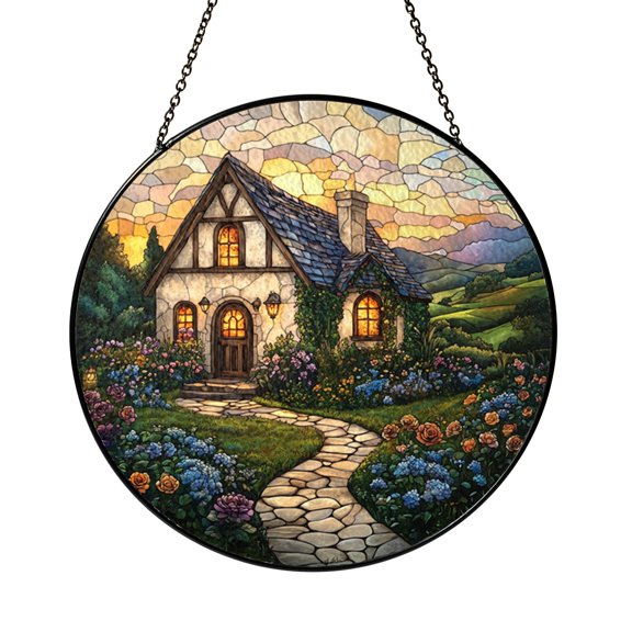Country Cottage Stained Glass Style Window Hanging – Rustic Decor