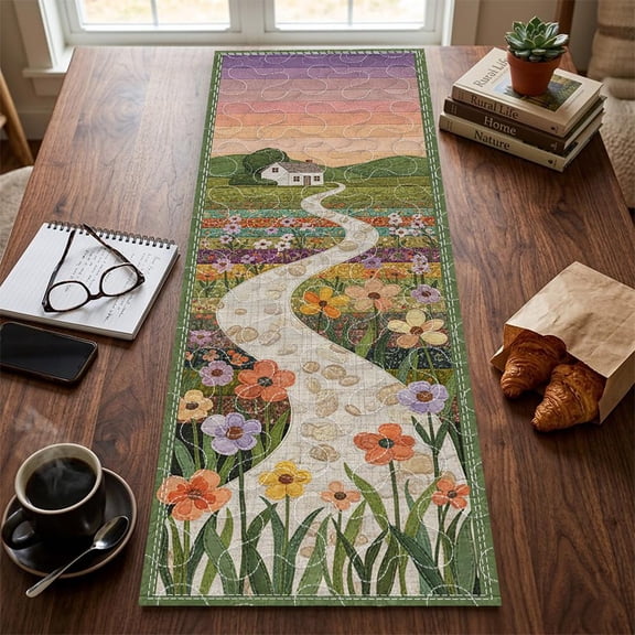 Country Cottage Sunset Quilted Table Runner, Farmhouse Landscape Table Decor, Green Floral Patchwork Quilt, Sunset Home Decor, Rural Runner
