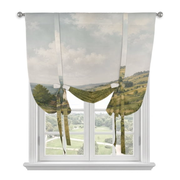 Country Cottage Tie Up Balloon Window Curtain 52W x 45L Inch, Rustic Winding Path Rolling Hills Green Landscape Rod Pocket Adjustable Tie Up Curtains Small Kitchen Sink Curtains for Cafe Bedroom