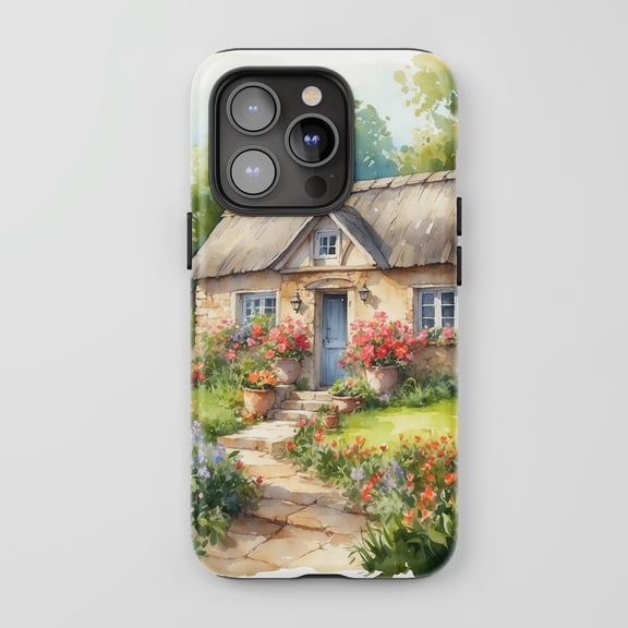 Country Cottage With Flowers For All iPhone Series Tough Phone Case Watercolor Garden