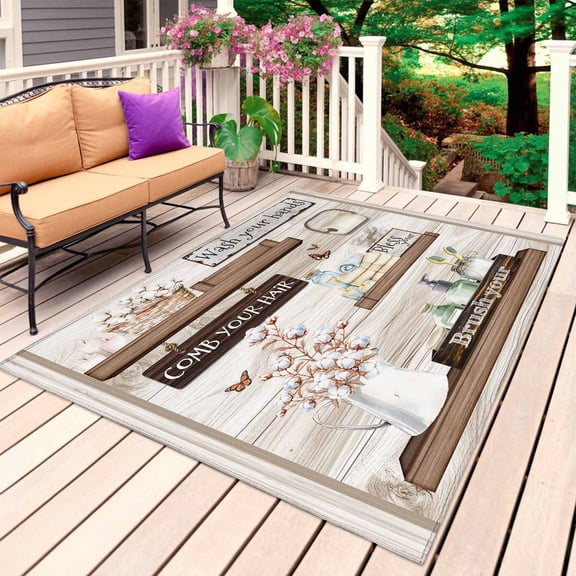 Country Cotton Floral Outdoor Rug 4x6 Ft, Non Slip Washable Area Rug, Farmhouse Vintage Bath Bottle Patio Rugs Carpet Runner, Large Floor Mat for Indoor/Outdoor Deck Porch Camping