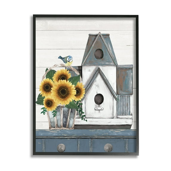 Country Counter Birdhouse Sunflower Traditional Still Life Novelty Graphic Art Framed Art Print Wall Art