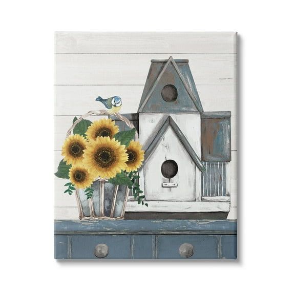 Country Counter Birdhouse Sunflower Traditional Still Life Novelty Graphic Art Gallery-Wrapped Canvas Print Wall Art