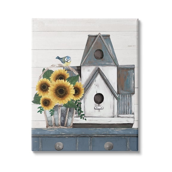 Country Counter Birdhouse Sunflower Traditional Still Life Novelty Graphic Art Gallery-Wrapped Canvas Print Wall Art