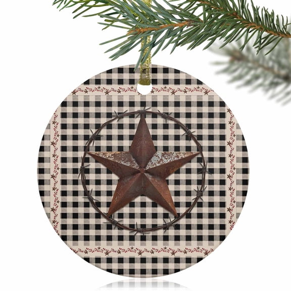 Country Country Star Christmas Ceramic Ornament 2025,3" Round Xmas Tree Hanging Accessories with Gold Ribbon