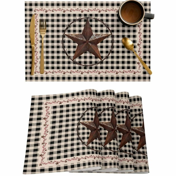 Country Country Star Placemats Set of 4,Wipeable Washable Table Mats for Dining Tables,Retro Black Plaid Retro Linen Place Mats for Kitchen Event Party Tabletop Decor