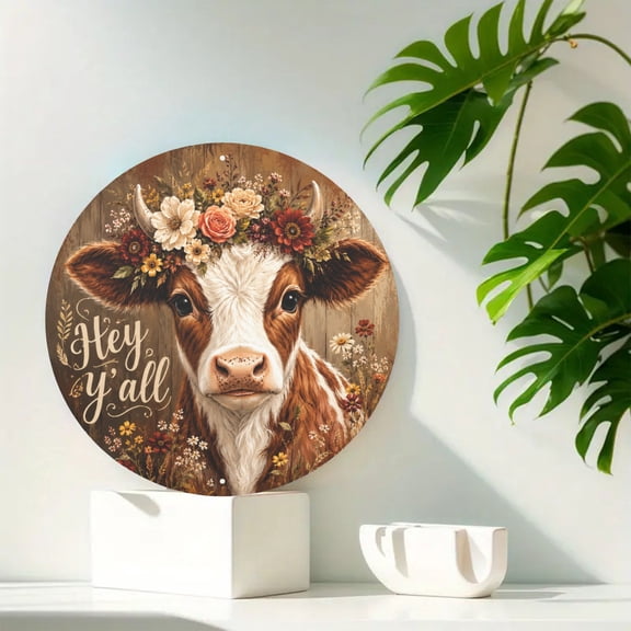 Country Cow Hey Yall Wreath Round Metal Tin Sign For Farmhouse Door Or Kitchen 8x8 Inch Round
