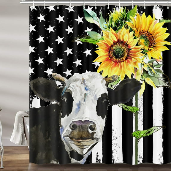 Country Cow Print Shower Curtain, Black And White American Flag Rustic Sunflower Fabric Shower Curtains Set For Bathroom, Funny Western Restroom Decor Accessories With Hooks 72X 72 Inch