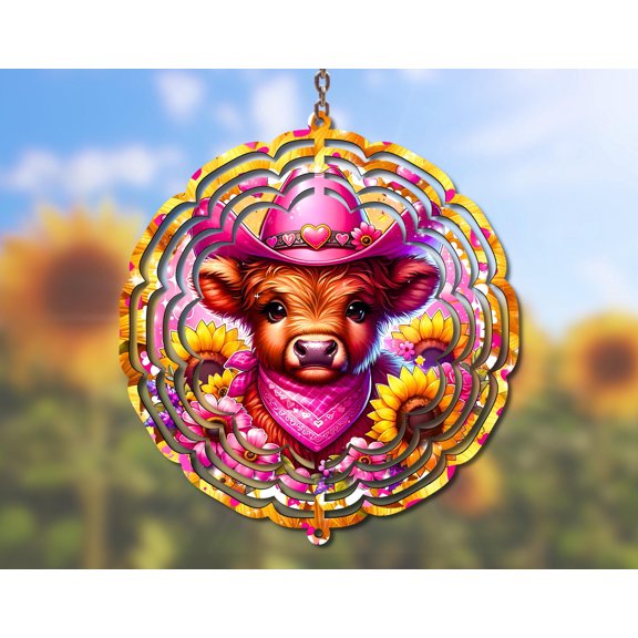 Country Cow Wind Spinner Sublimation Design Cowgirl Hat & Sunflowers, Western Windspinner Template,