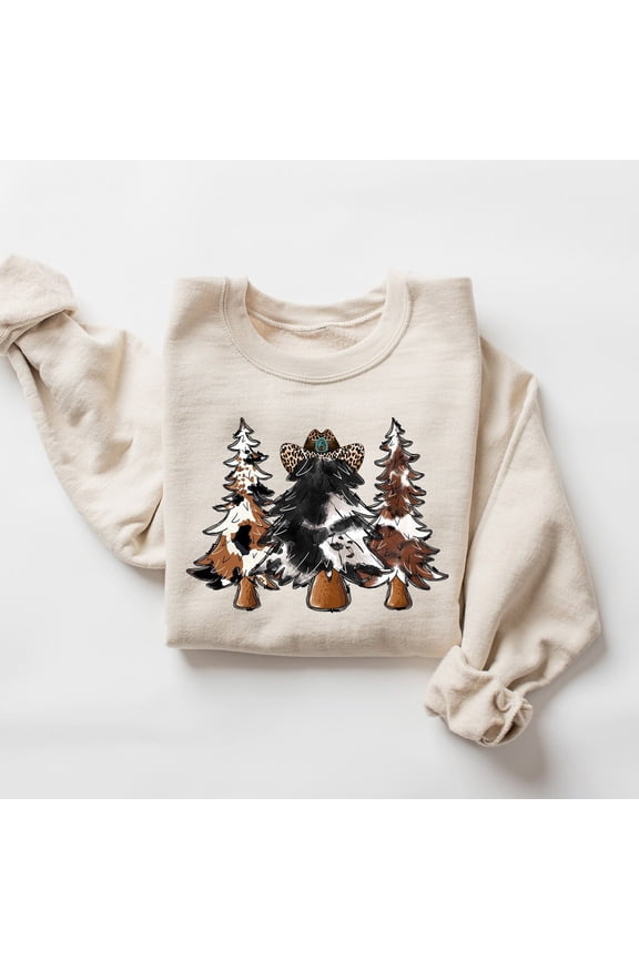 Country , Crewneck, Cow Lover Occasion , Cute Cowhide Sweater, Tree Sweat, Western, Full size S-5XL