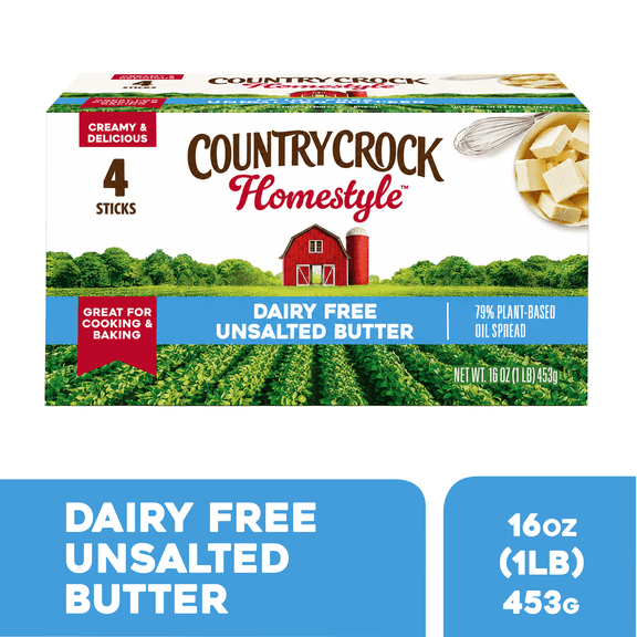 Country Crock Homestyle Dairy Free Butter Unsalted Sticks, 16 oz, 4 Sticks
