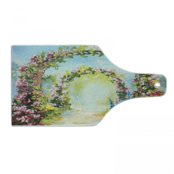 Country Cutting Board, Colorful Floral Arch in the Summer Park Romantic Feminine Boho Paint Style Print, Tempered Glass Cutting and Serving Board, Wine Bottle Shape, Multicolor, by Ambesonne