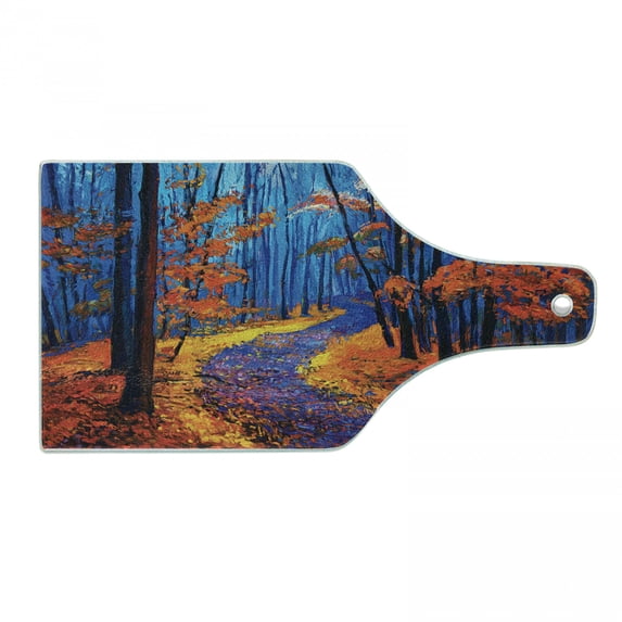 Country Cutting Board, Dark and Deep in the Forest in Fall Autumn Season Calm Nature Art Paint, Decorative Tempered Glass Cutting and Serving Board, Wine Bottle Shape, Orange Navy, by Ambesonne