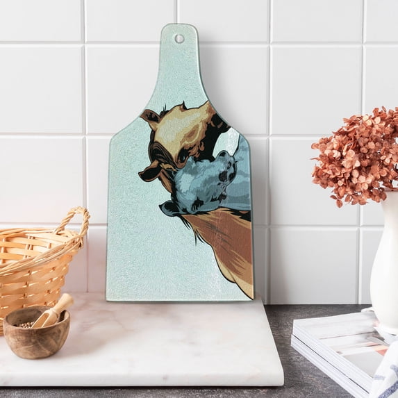 Country Cutting Board, Farm Life Warehouse Country Horses Watercolored Abstract Image, Decorative Tempered Glass Cutting and Serving Board, Wine Bottle Shape, Pale Caramel Turquoise, by Ambesonne