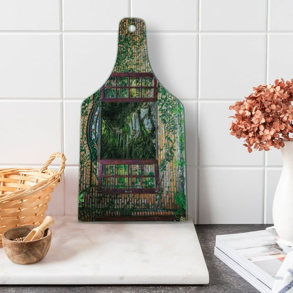 Country Cutting Board, House with Open Windows Inside Forest Design View Brick Wall with Ivy Rural Print, Tempered Glass Cutting and Serving Board, Wine Bottle Shape, Multicolor, by Ambesonne