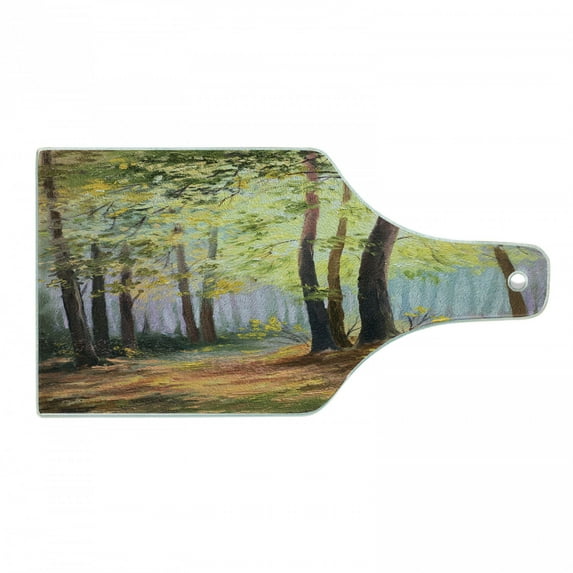 Country Cutting Board, Image of Spring Landscape in Forest with Falling Leaf and Various Trees Mod Print, Tempered Glass Cutting and Serving Board, Wine Bottle Shape, Brown Green, by Ambesonne