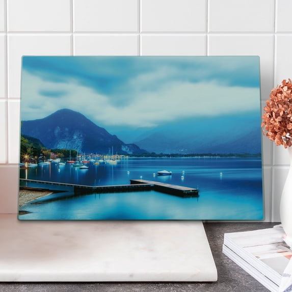 Country Cutting Board, Italian Village with Harbor and Sail Boats Countryside Cottage Life Rural Photo, Decorative Tempered Glass Cutting and Serving Board, Large Size, Blue, by Ambesonne