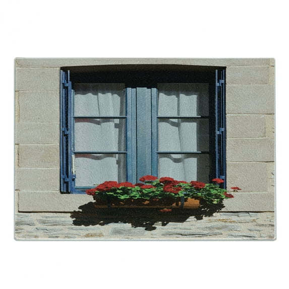 Country Cutting Board, Mediterranean Style Window Open Shutters Image French Urban Life Theme Print, Decorative Tempered Glass Cutting and Serving Board, Small Size, Blue Grey, by Ambesonne