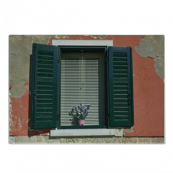 Country Cutting Board, Old Italian Stone House with Medieval Style Shutters Image of Colorful Flowers, Decorative Tempered Glass Cutting and Serving Board, Small Size, Green Grey Red, by Ambesonne