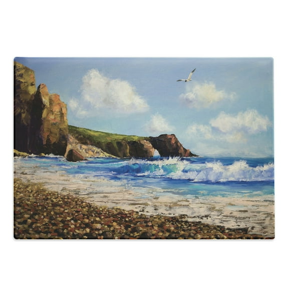 Country Cutting Board, Painting of a Sea Coast with Rock Beach Shore Wave and Seagull Nature Art, Decorative Tempered Glass Cutting and Serving Board, Large Size, Blue Brown White, by Ambesonne