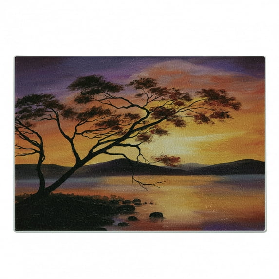 Country Cutting Board, Picture of Old Tree Bending over River with Mountain Landscape at Sunset, Decorative Tempered Glass Cutting and Serving Board, Small Size, Burnt Orange Purple, by Ambesonne
