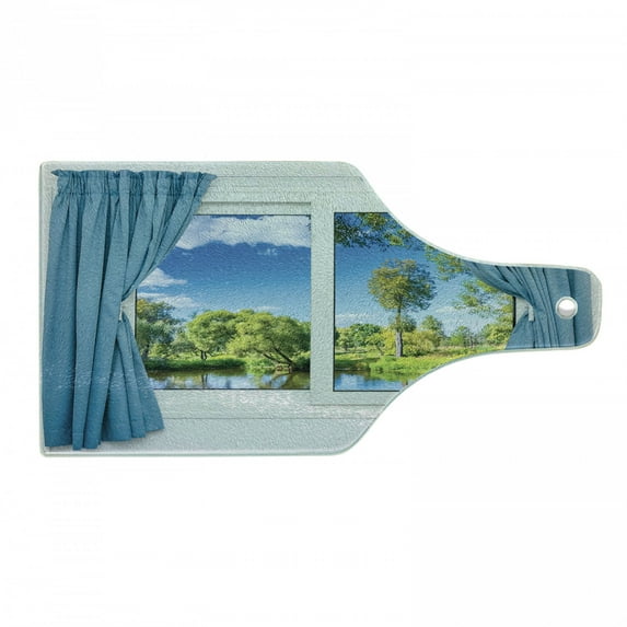 Country Cutting Board, Rural View from the Window Reflection in Water Lake Tree in Summertime, Tempered Glass Cutting and Serving Board, Wine Bottle Shape, Slate Blue Green White, by Ambesonne