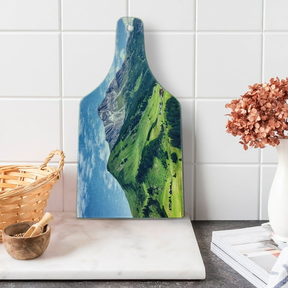 Country Cutting Board, Springtime in Countryside Rural Valley with Village Tranquil Serene Life Image, Decorative Tempered Glass Cutting and Serving Board, Wine Bottle Shape, Green Blue, by Ambesonne