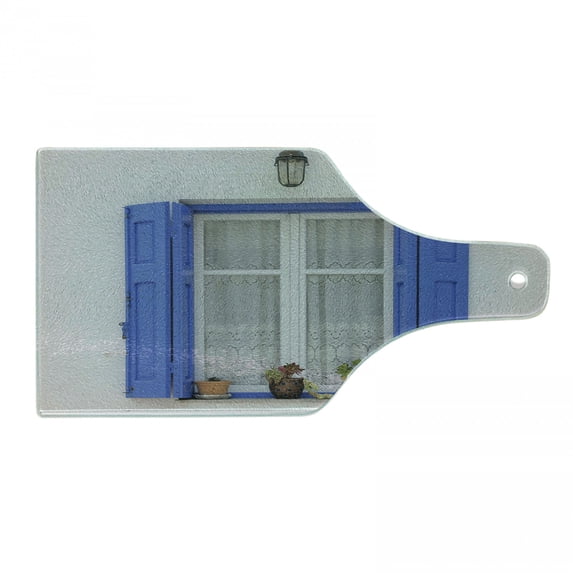 Country Cutting Board, Typical Greek Style Wooden Window Shutters with Flowers Mediterranean Life, Tempered Glass Cutting and Serving Board, Wine Bottle Shape, White Turquoise, by Ambesonne