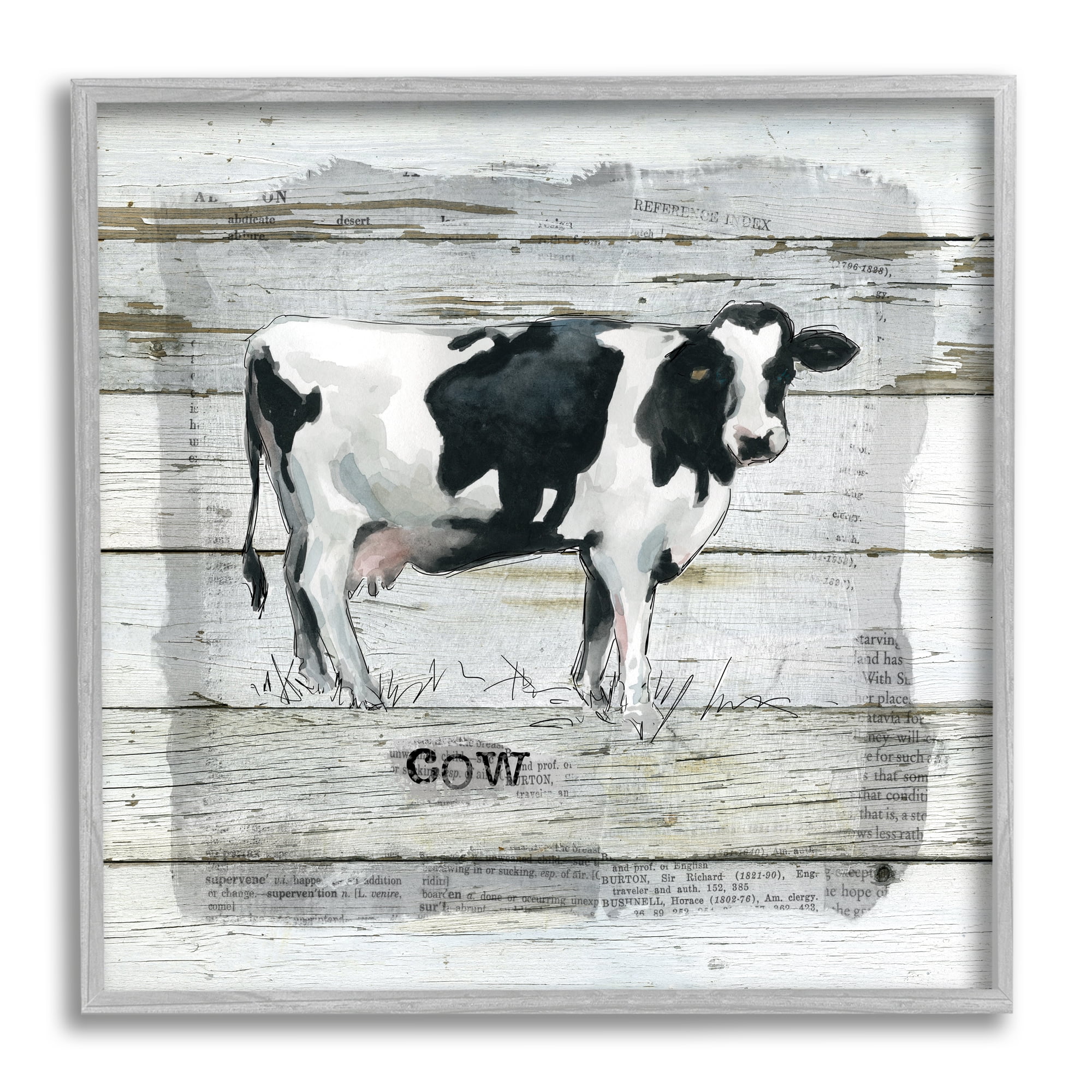 Country Dairy Cow over Rustic Pattern Book Collage Animals & Insects Framed Art Print Wall Art, 17x17