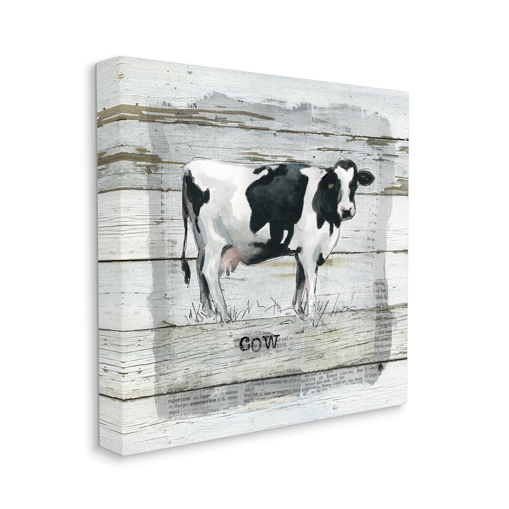 Country Dairy Cow over Rustic Pattern Book Collage Animals & Insects Gallery-Wrapped Canvas Print Wall Art, 17x17