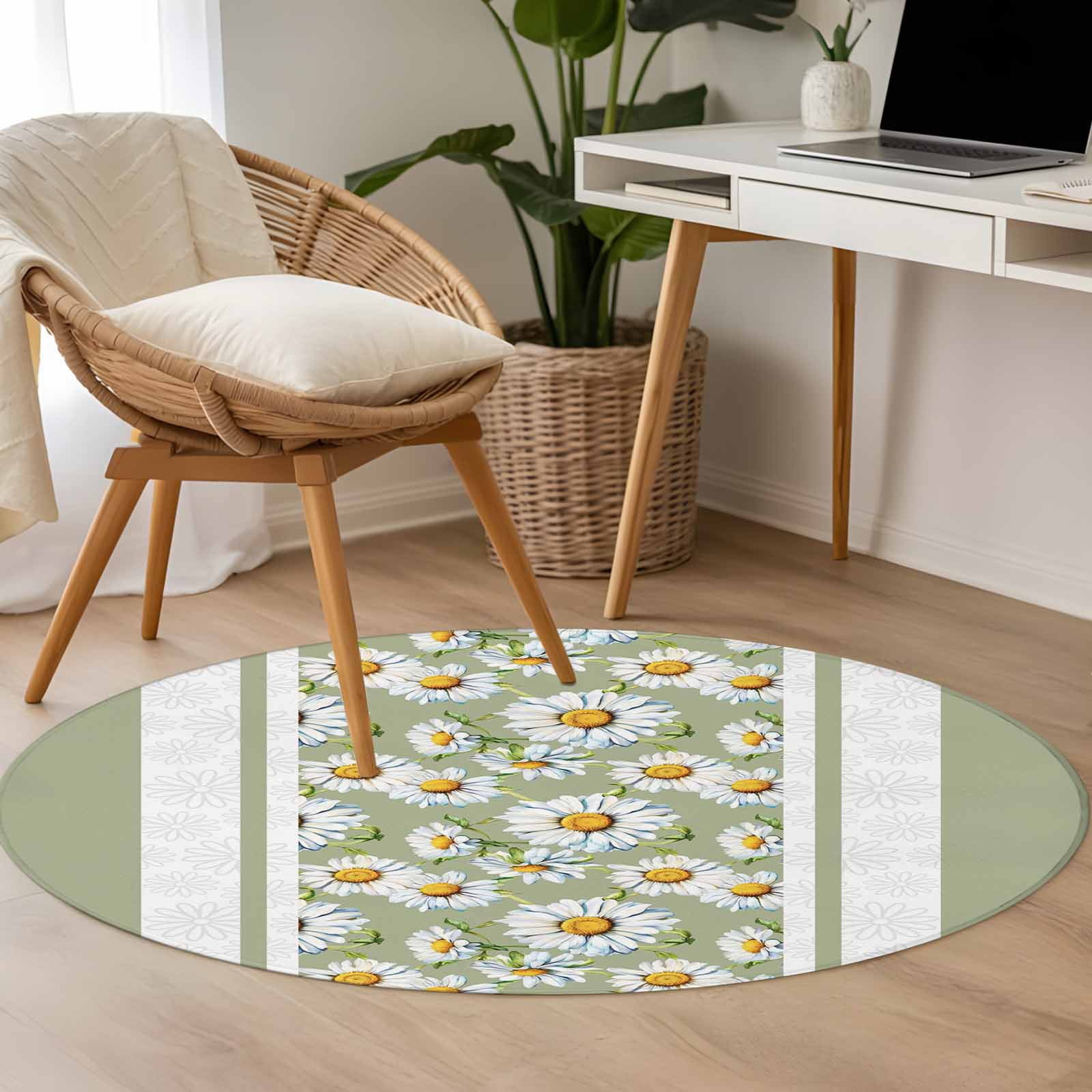 Small Reading Rug Country Daisy 3.3ft Round Rug for Bedroom Reading Corner, Sage Green ...