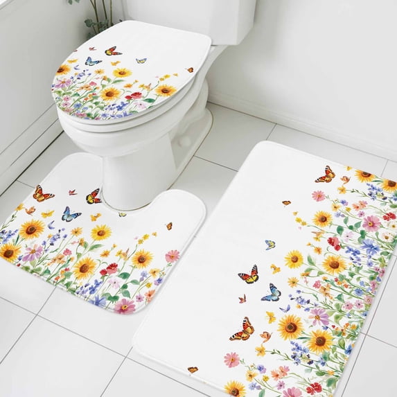 Country Daisy Bathroom Rugs Set Wildflowers Butterfly Retro Farm Botanical Non Slip Absorbent Soft Bath Mats 3 Piece Set with Bathroom Rug, U-Shaped Floor Mat, Toilet Seat Cover Large Size