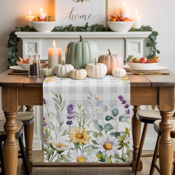 Country Daisy Cotton Linen Table Runner, Washable Table Runners for Kitchen, Dining Room, Holiday, Home Party Table Decor, 13x36 Inches