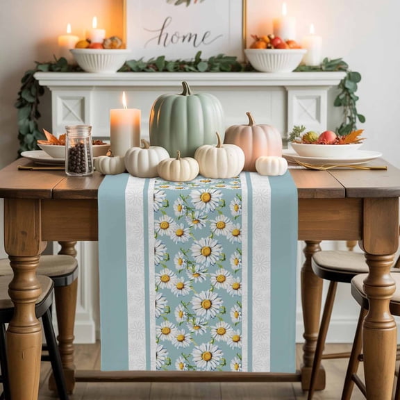 Country Daisy Cotton Linen Table Runner, Washable Table Runners for Kitchen, Dining Room, Holiday, Home Party Table Decor, 13x36 Inches