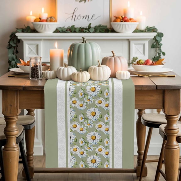 Country Daisy Cotton Linen Table Runner, Washable Table Runners for Kitchen, Dining Room, Holiday, Home Party Table Decor, 13x36 Inches
