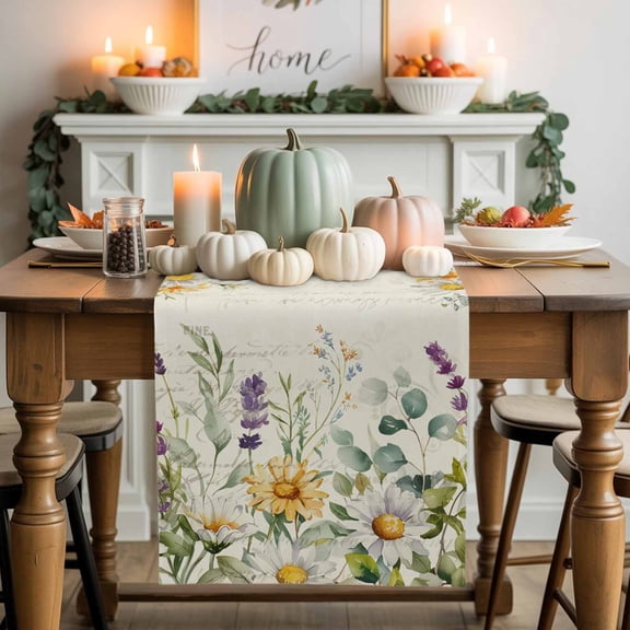 Country Daisy Cotton Linen Table Runner, Washable Table Runners for Kitchen, Dining Room, Holiday, Home Party Table Decor, 13x36 Inches