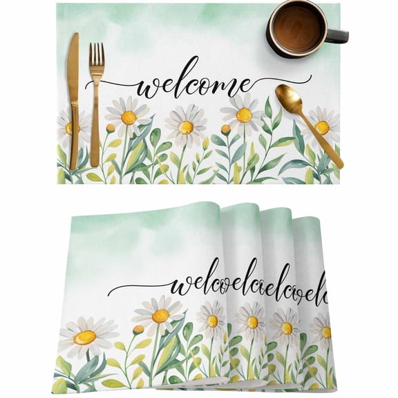 Country Daisy Flower Welcome Quote Placemats Set of 4,Wipeable Washable Table Mats for Dining Tables,Green Leaf Plant Place Mats for Kitchen Event Party Tabletop Decor