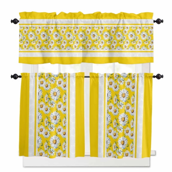 Country Daisy Kitchen Curtains Valances and Tiers Set of 3, 24 Inch Length Tier Curtains and Valance Rod Pocket Valance Curtains Set for Kitchen Bathroom Small Windows