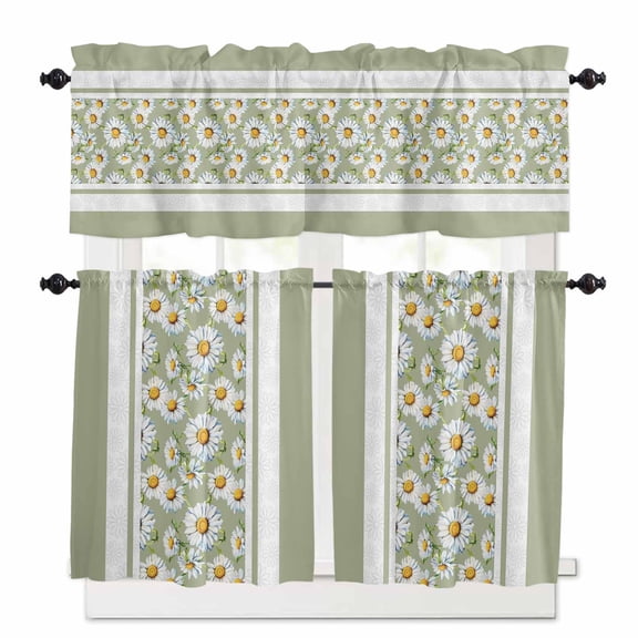 Country Daisy Kitchen Curtains Valances and Tiers Set of 3, 24 Inch Length Tier Curtains and Valance Rod Pocket Valance Curtains Set for Kitchen Bathroom Small Windows