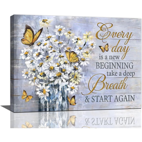 Country Daisy Wall Art Farmhouse Butterfly Flower Canvas Prints Rustic Floral Positive Pictures Painting Framed Artwork Office Home Decor for Kitchen Bathroom Bedroom Dining Living Room 16"x12"