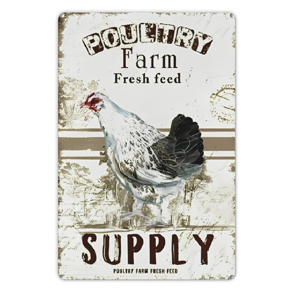 Country Decor Chicken Metal Wall Sign Poultry Farm Fresh Feed French Rooster Metal Art Sign Chicken Coop Decor Metal Sign Iron Painting for Front Porch Outdoor Bedroom Rooster Lover Gift 8 x 12 inch